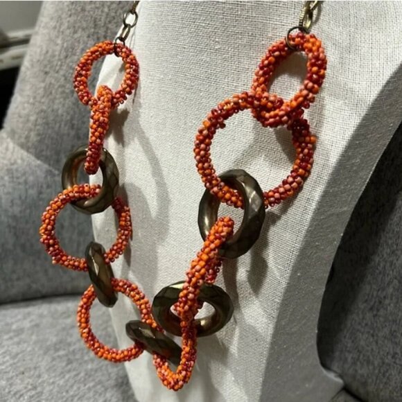 Vintage Orange Bronze Seed Bead Circle Statement Necklace - Picture 2 of 4